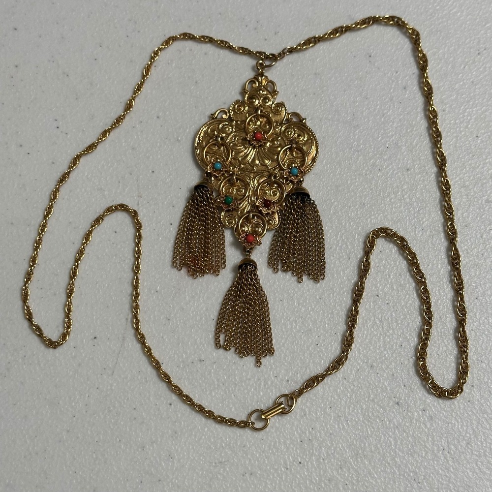 Arthur Pepper ART VTG Pendant Necklace 3-Tier Tassel Victorian Revival Gold Tone